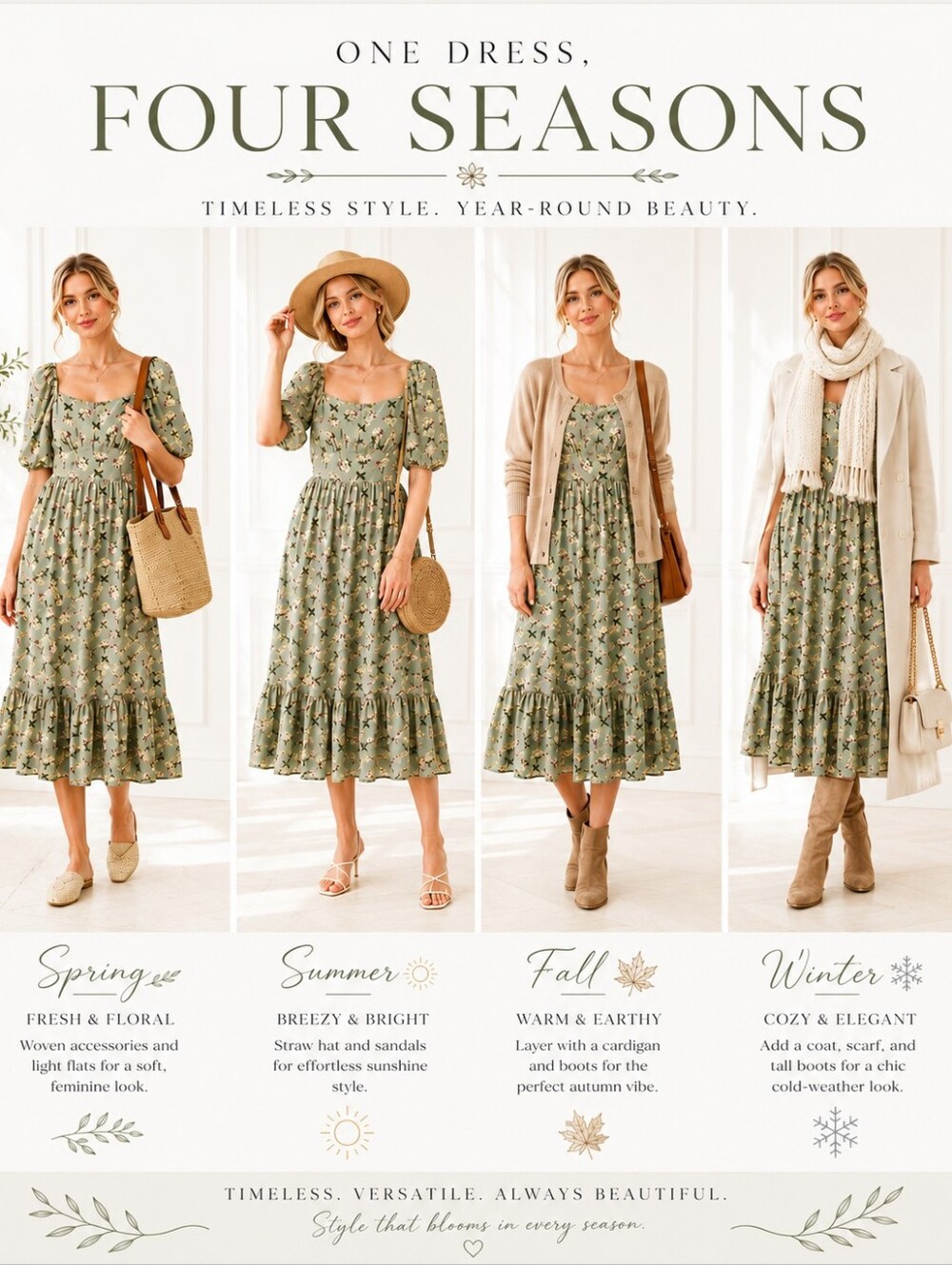 Floral Puff Sleeve Midi Dress Size Large | Cottagecore Romantic Sage Green | Aut - Picture 4 of 9